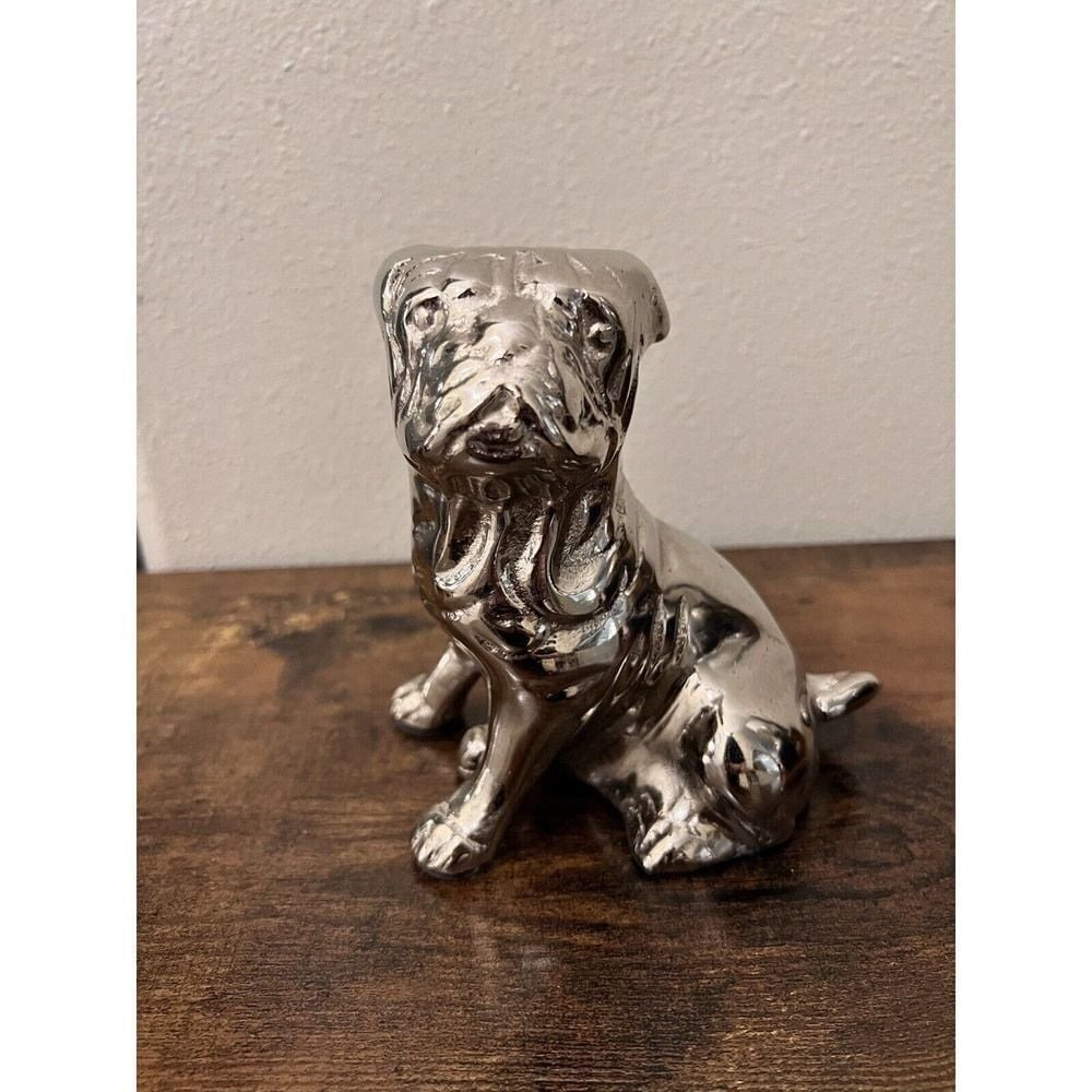 Vintage Silver‎ Tone Metal Dog Sitting Bulldog Figurine Statue